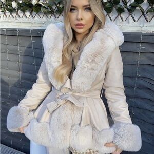 Off White Faux Leather Fur Trimmed Women's Wrap Thick Jacket